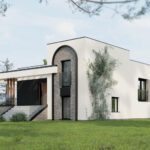 Wizualizacja przedstawia nowoczesną elewację budynku jednorodzinnego z charakterystycznymi dużymi przeszkleniami oraz minimalistycznym designem.