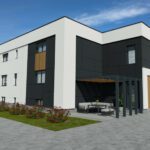 W tej grafice przedstawiono nowoczesny dom jednorodzinny z minimalistyczną elewacją, z dominującą kolorystyką w odcieniach bieli, szarości i naturalnego drewna.