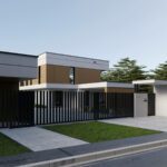 Na grafice przedstawiono nowoczesną fasadę domu o prostych, geometrycznych liniach i minimalistycznym designie.