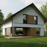 Grafika przedstawia nowoczesną elewację domu z harmonijnie wkomponowanymi drewnianymi i ceglanymi elementami.