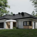 Grafika przedstawia nowoczesny dom z minimalistyczną i elegancką elewacją zewnętrzną, otoczony zielenią.