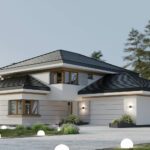 Obraz przedstawia modernistyczny design fasady dwupiętrowego domu z eleganckim, jasnym tynkiem oraz ciemnym dachem otoczonym zielenią.