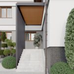 Projekt wejścia do budynku z białą elewacją