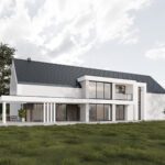 biała elewacja z dużymi oknami