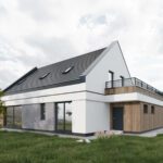 biała elewacja z brązowym balkonem