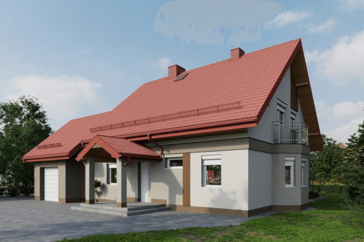 Grafika przedstawia ilustrację nowoczesnej fasady domu z czerwonym dachem i balkonem.