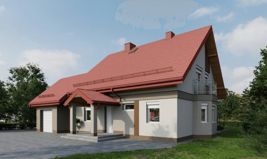 Grafika przedstawia ilustrację nowoczesnej fasady domu z czerwonym dachem i balkonem.