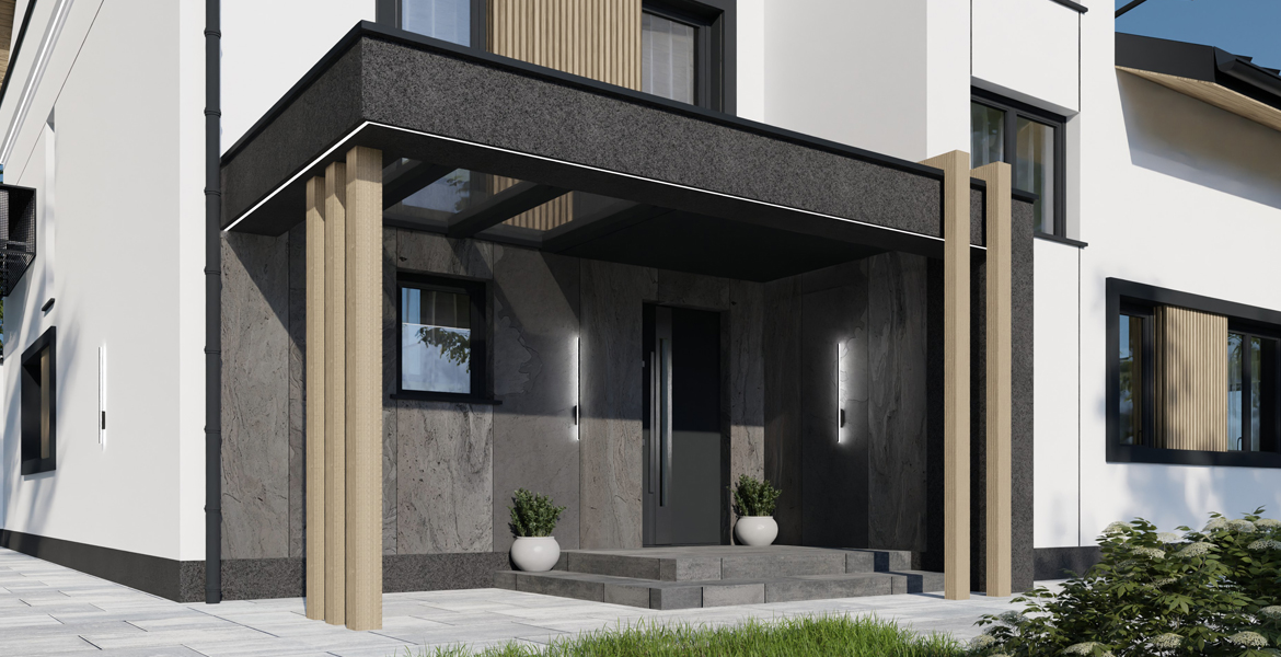 Nowoczesne wejście do domu z płynnie scalonym zadaszeniem. Architektoniczna spójność, proste linie i elegancja w minimalistycznej formie.