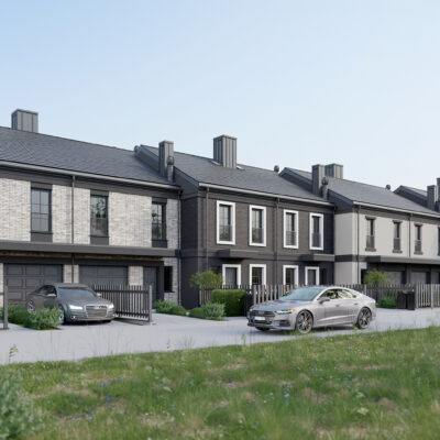 Grafika przedstawia nowoczesne fasady szeregowców o eleganckiej architekturze i stonowanej kolorystyce.